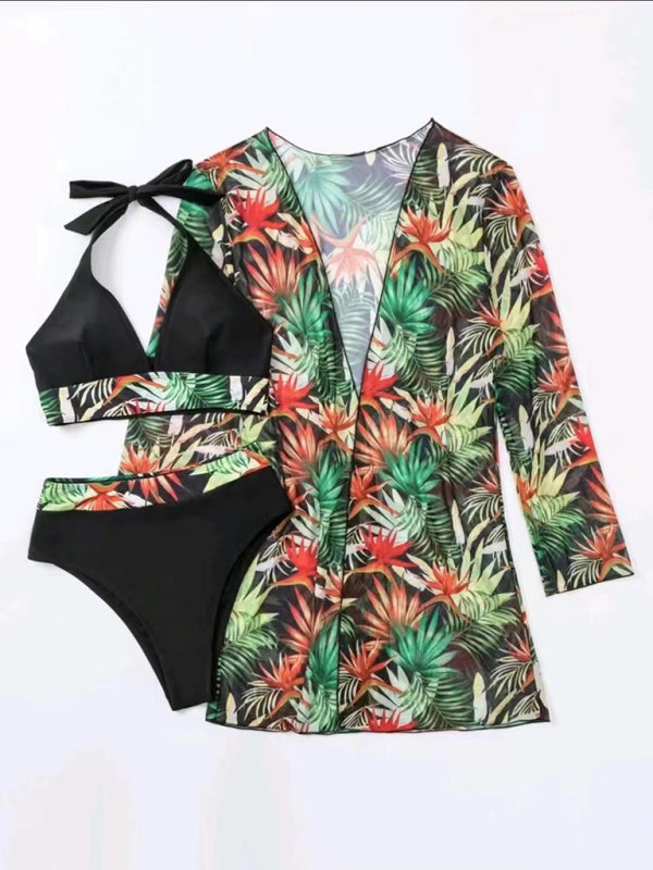 Bikini push-up split printed mesh three-piece set