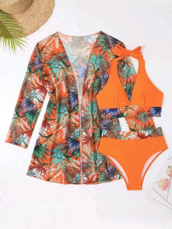 Bikini push-up split printed mesh three-piece set