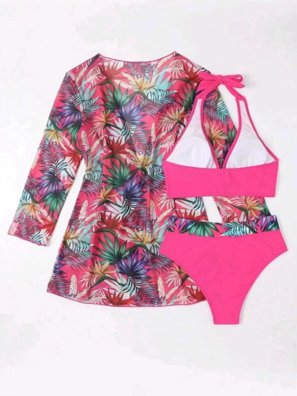 Bikini push-up split printed mesh three-piece set