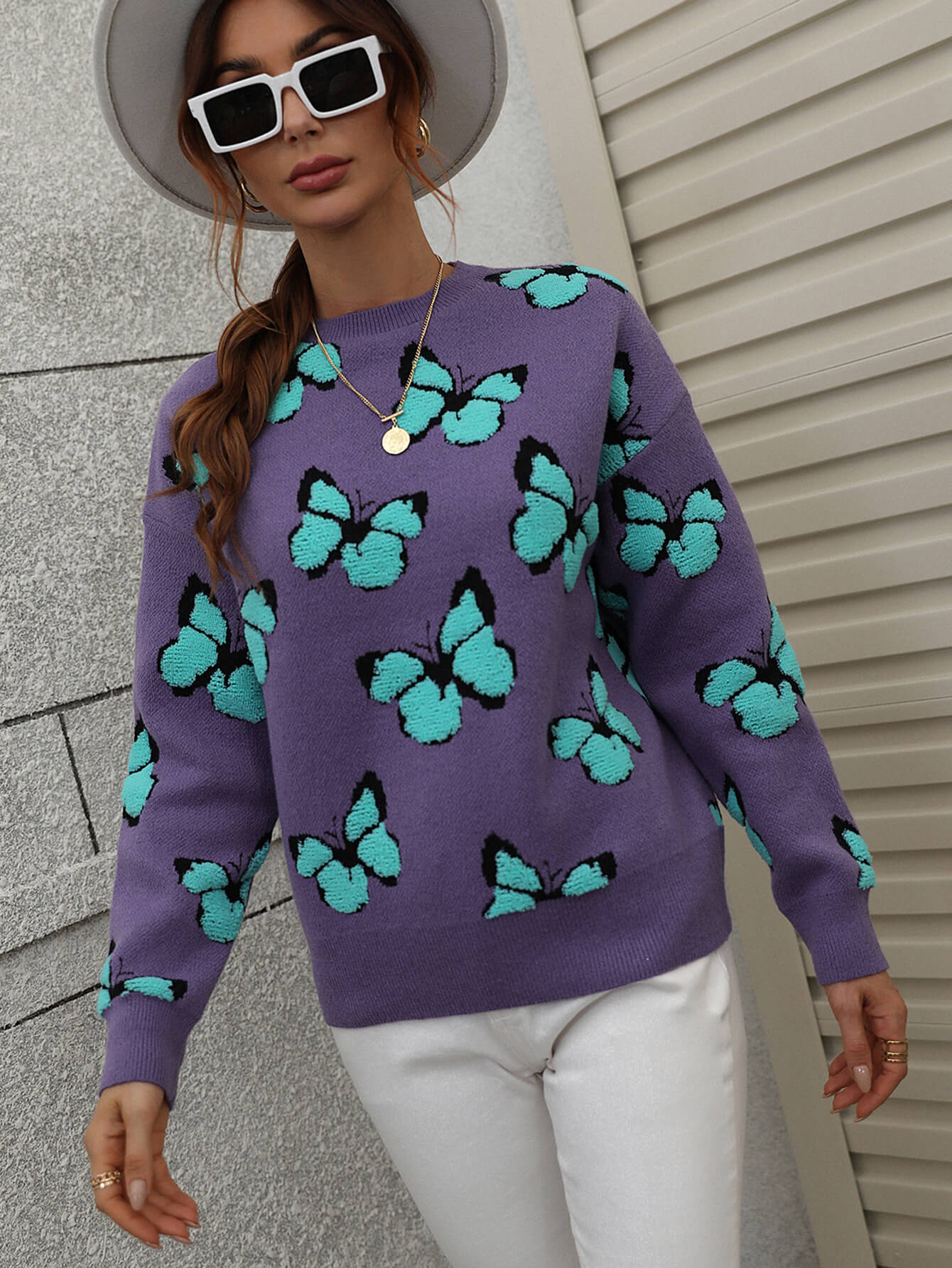 Butterfly Dropped Shoulder Crewneck Sweater Print on any thing USA/STOD clothes