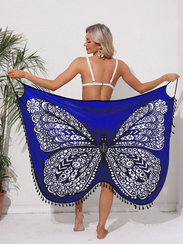 Butterfly print suspender beach skirt - Blue / S