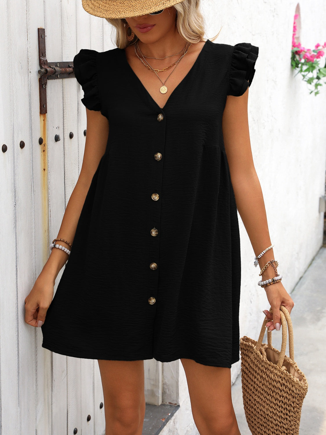 Button Up V-Neck Cap Sleeve Mini Dress - Black / S