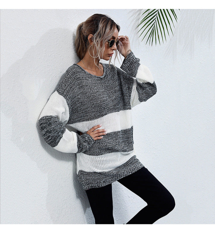 Women's mid-length color block knitted sweater