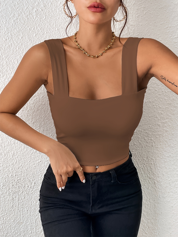 Camisole wide shoulder strap sleeveless top - Brown / XS