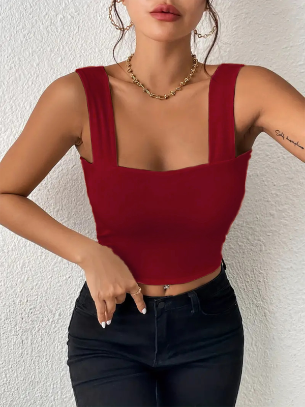 Camisole wide shoulder strap sleeveless top - Wine Red / XS