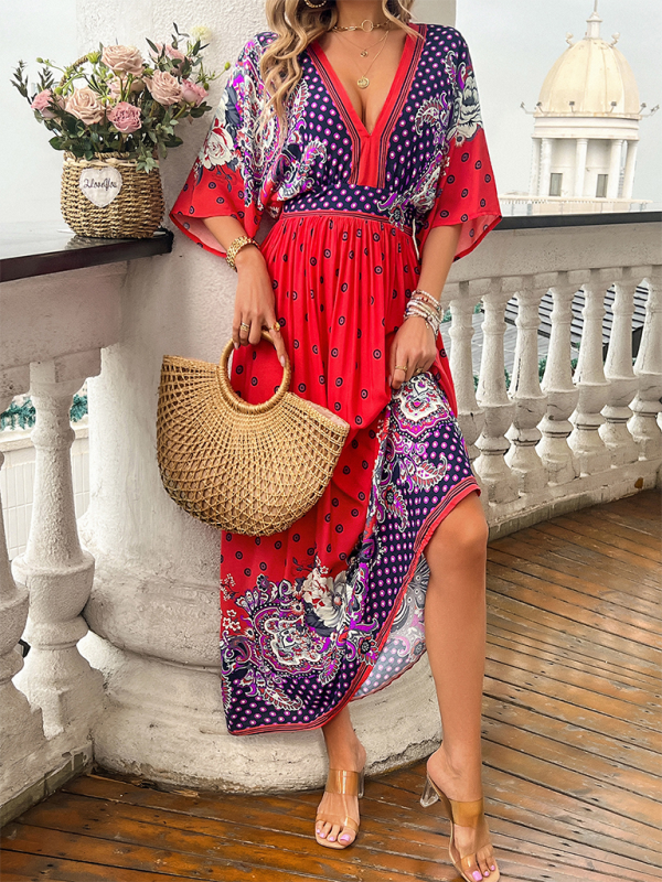 Casual holiday printed V-neck long dress