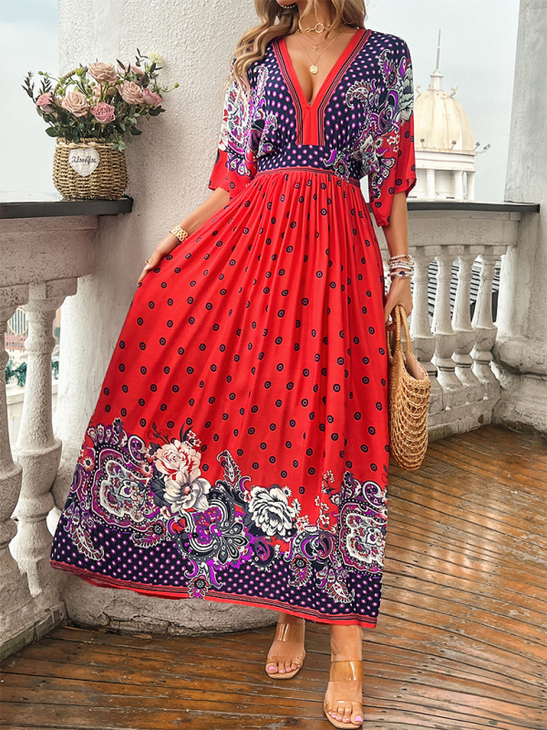 Casual holiday printed V-neck long dress