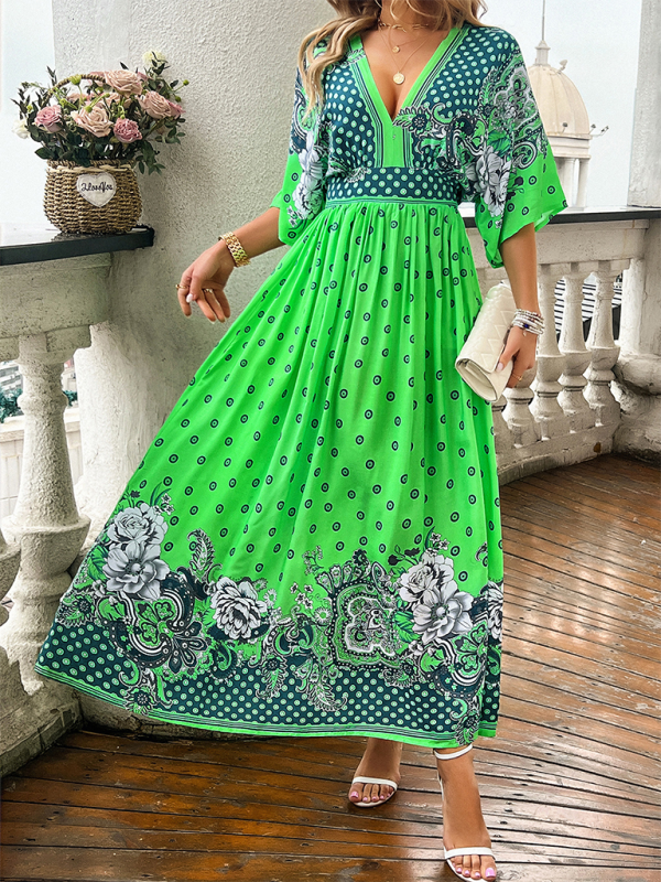 Casual holiday printed V-neck long dress - Green / S