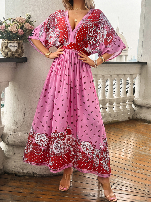 Casual holiday printed V-neck long dress - Pink / S