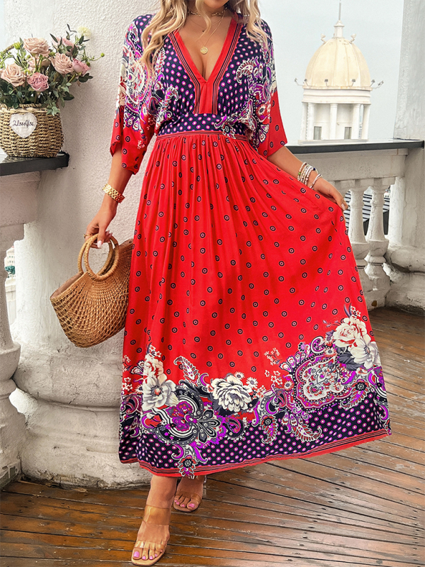 Casual holiday printed V-neck long dress - Red / S