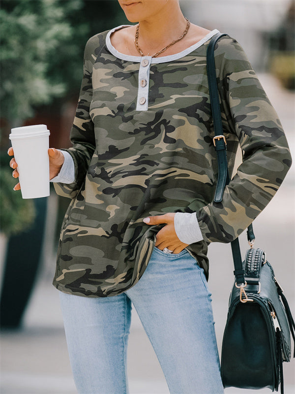 Casual loose camouflage long-sleeved T-shirt for women