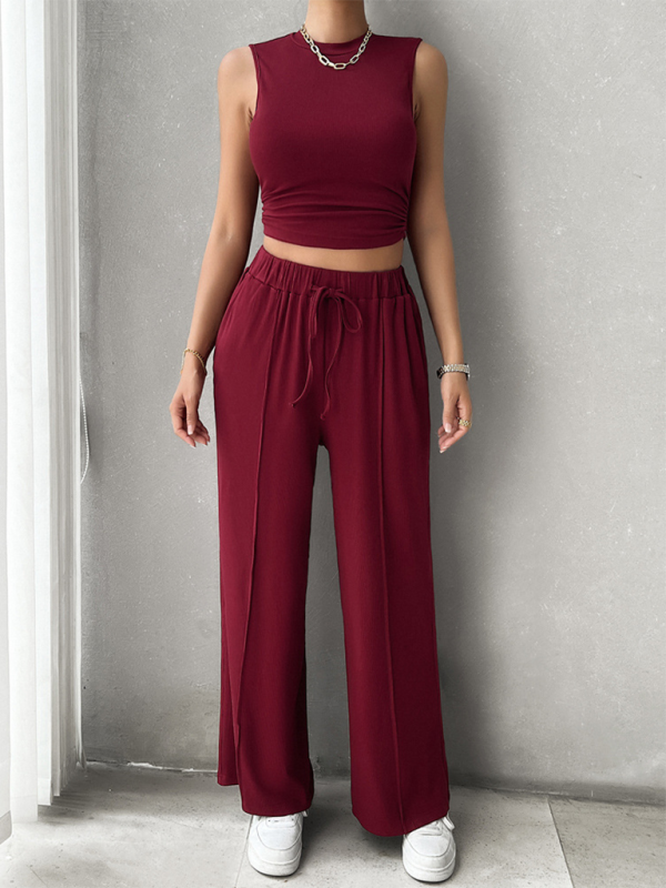 Casual round neck sleeveless top and trousers two-piece set