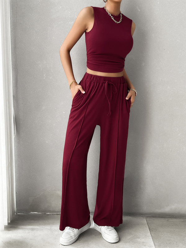 Casual round neck sleeveless top and trousers two-piece set