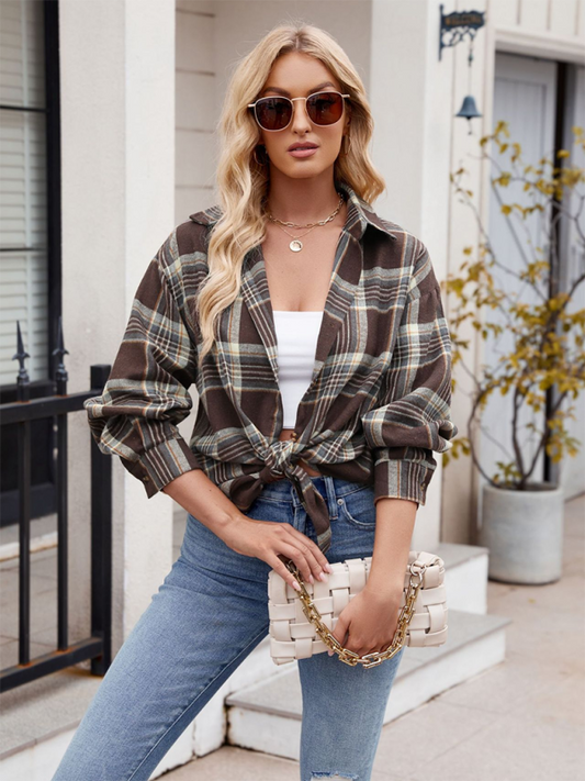 Casual street loose plaid shirt - Dark Brown / S