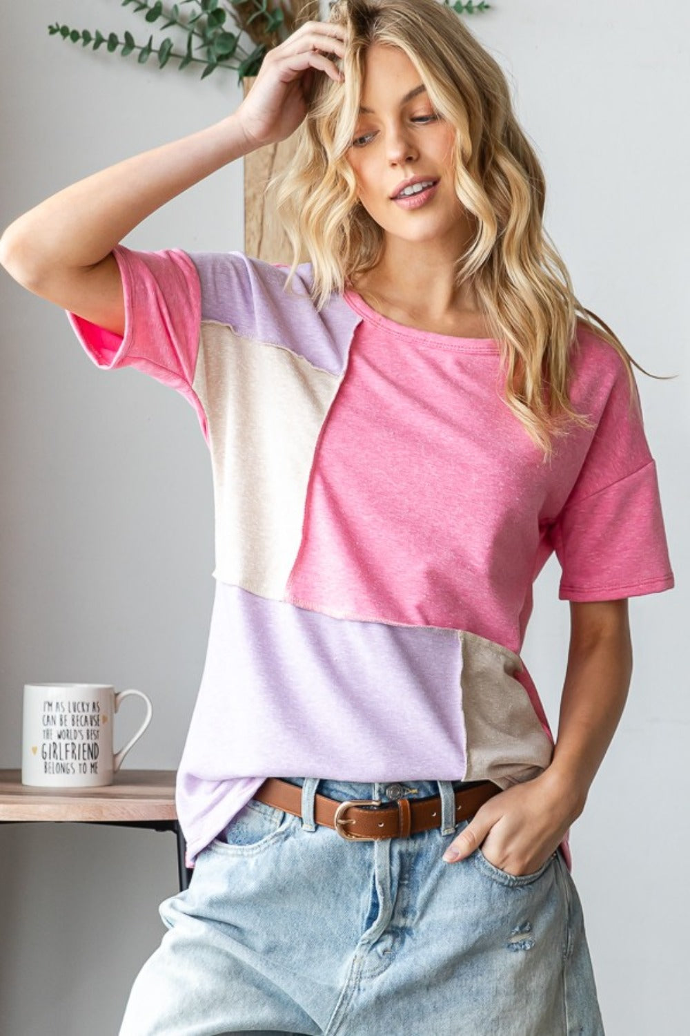 HOPELY Full Size Color Block Exposed Seam T-Shirt