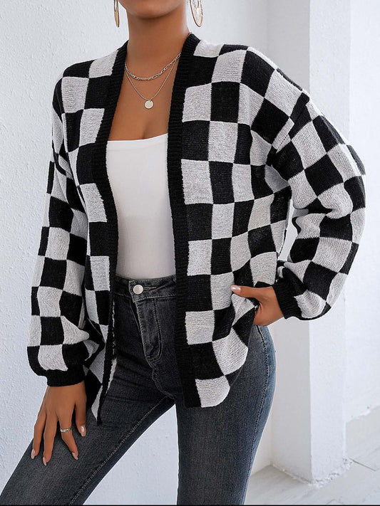 Checkered Open Front Long Sleeve Cardigan - Black/White / S