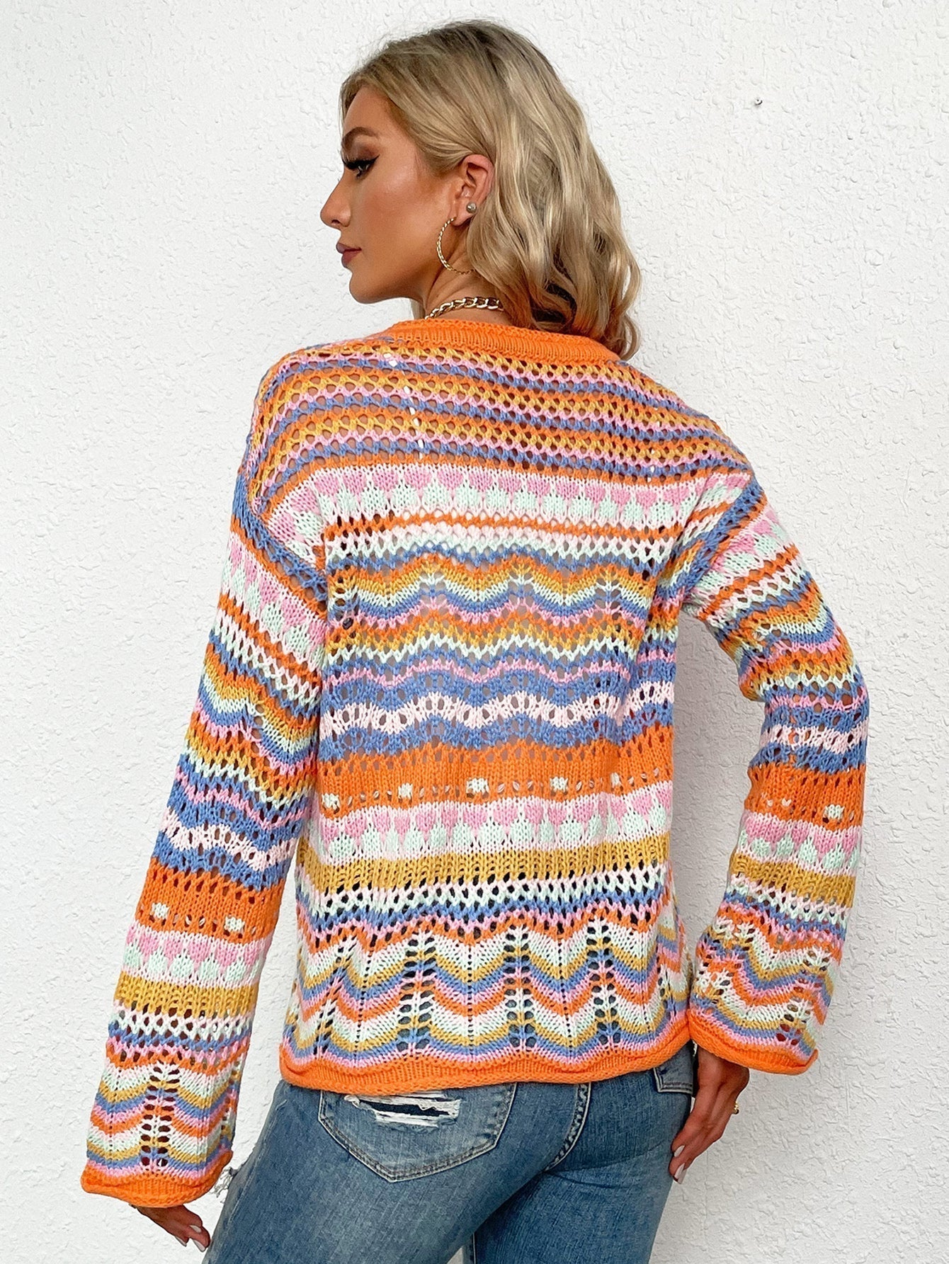 Chevron Stripes Openwork Cardigan Print on any thing USA/STOD clothes