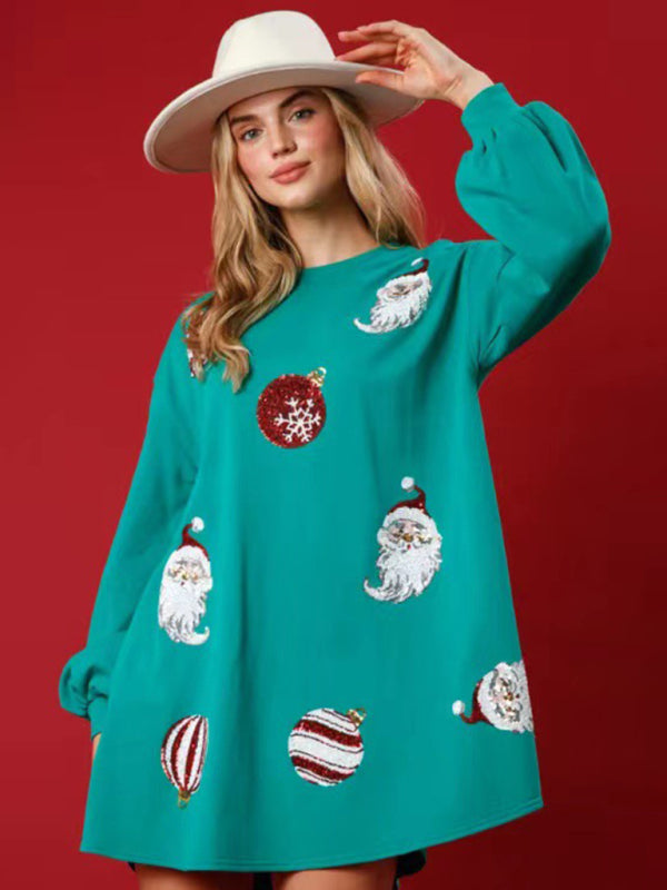 Christmas ball sequin long-sleeved sweatshirt - Green / S