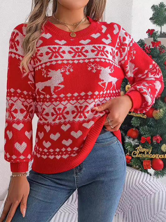 Christmas Deer Pattern Long Sleeve Pullover - Red / S