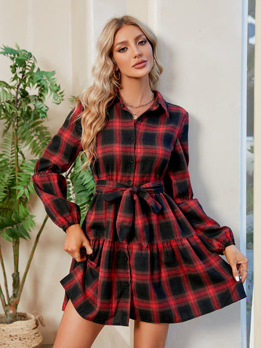 Christmas Plaid babydoll dress with waistband - Red / S