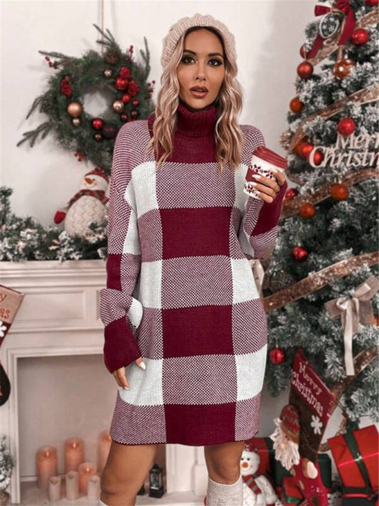 Christmas turtleneck loose slimming plaid contrast sweater