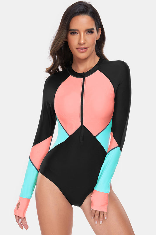 Color Block Half Zip Long Sleeve One-Piece Swimwear - Burnt