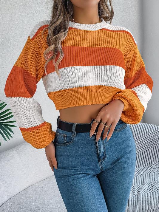 Color Block Round Neck Cropped Sweater - Tangerine / S