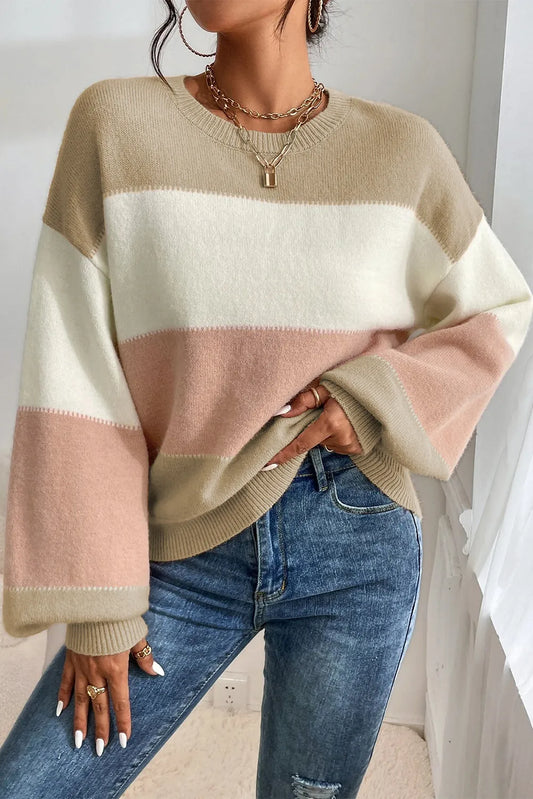 Color Block Round Neck Lantern Sleeve Sweater - Khaki / S