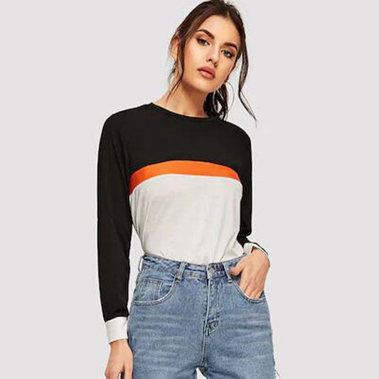 Color Block Round Neck Long Sleeve Tee Print on any thing USA/STOD clothes