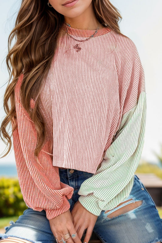 Color Block Round Neck Long Sleeve Top - Dusty Pink / S