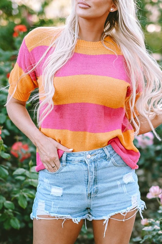 Color Block Round Neck Short Sleeve Knit Top - Fuchsia Pink