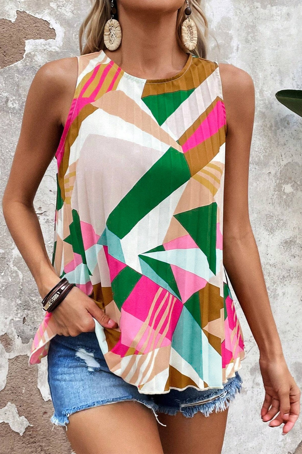 Color Block Round Neck Tank - Hot Pink / S