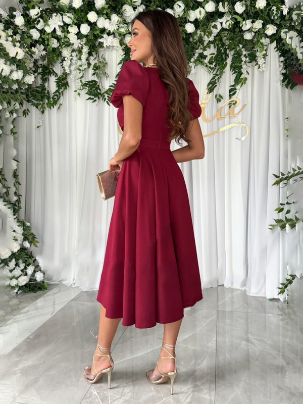 Commuting Solid Color V-Neck Waist Puff Sleeve Swing Dress