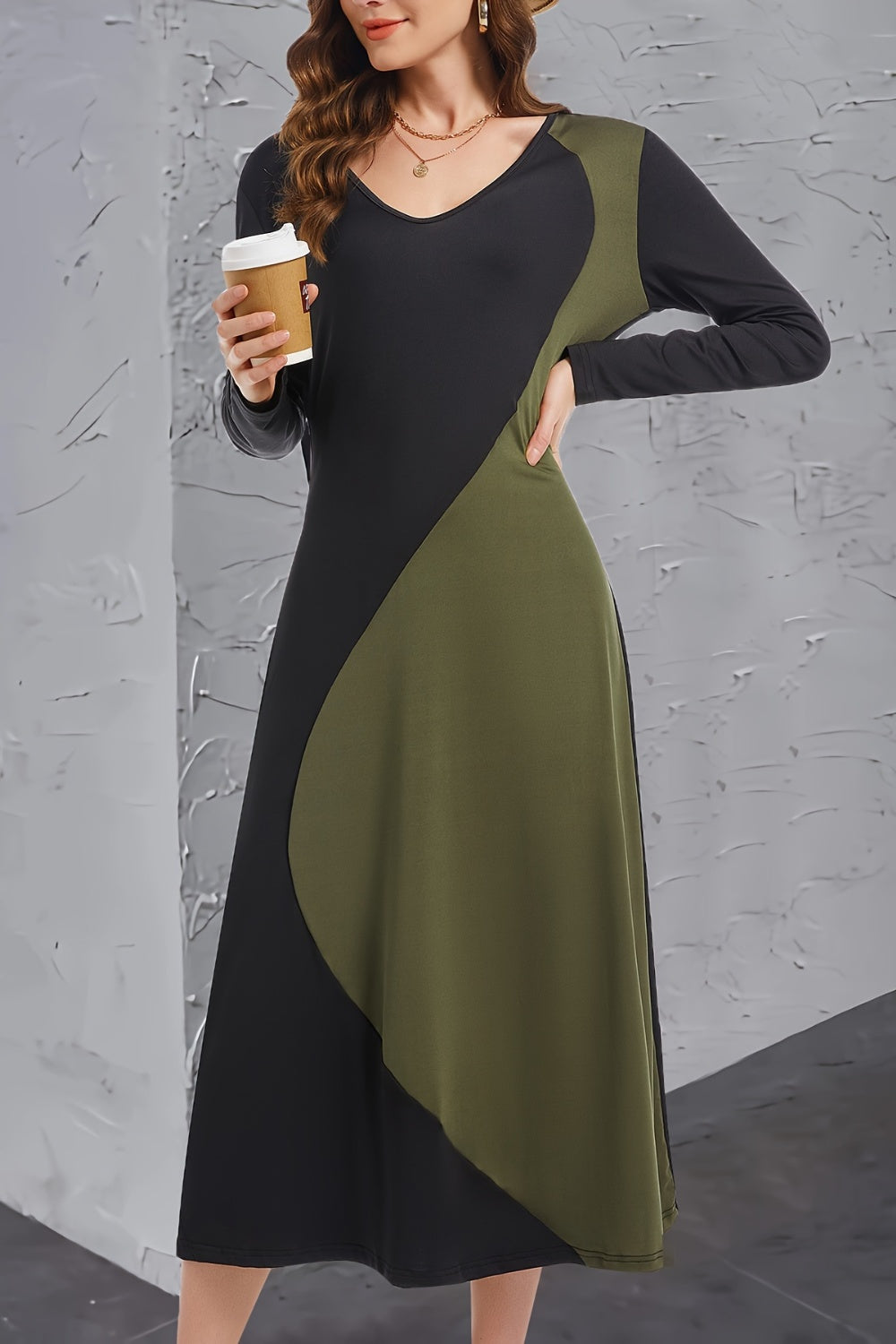 Contrast Long Sleeve Midi Dress - Army Green / S