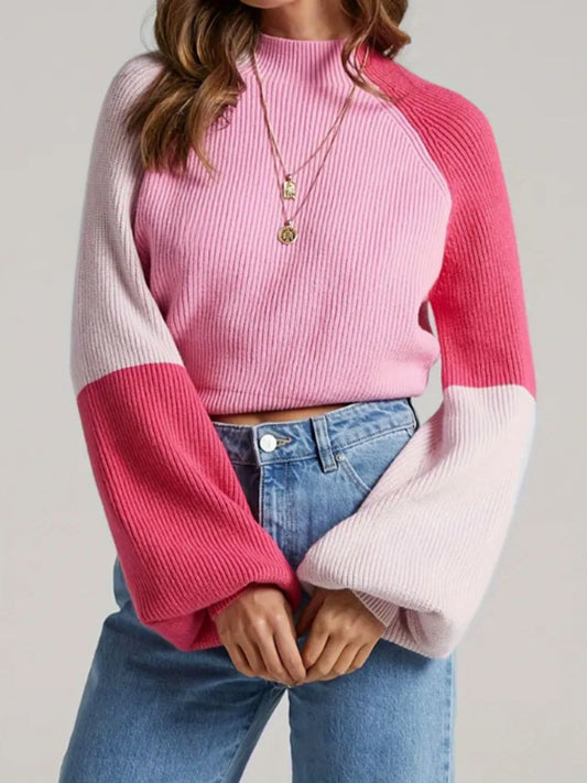 Contrast Mock Neck Long Sleeve Sweater - Blush Pink / S