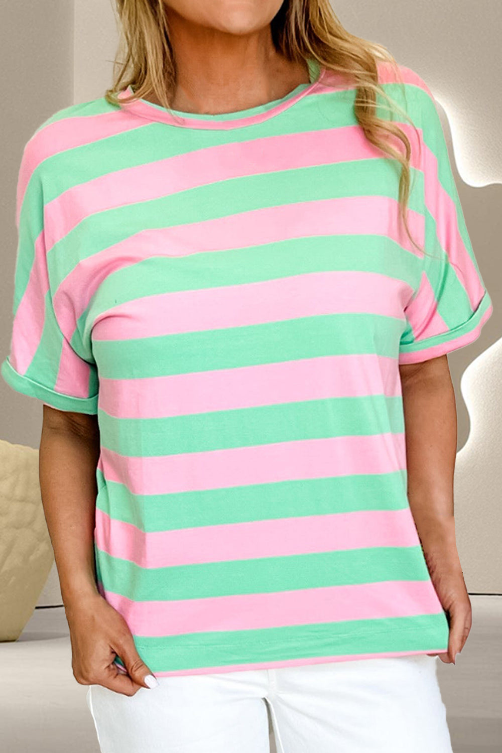 Contrast Stripes Round Neck Half Sleeve T-Shirt - Neon