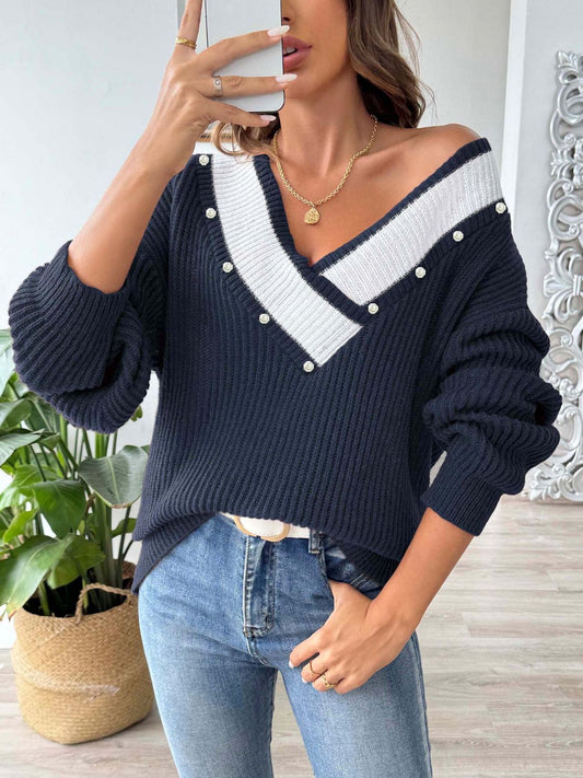 Contrast Trim Dropped Shoulder Long Sleeve Sweater - Dark