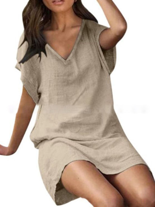 Cotton linen solid color loose V-neck short-sleeved dress