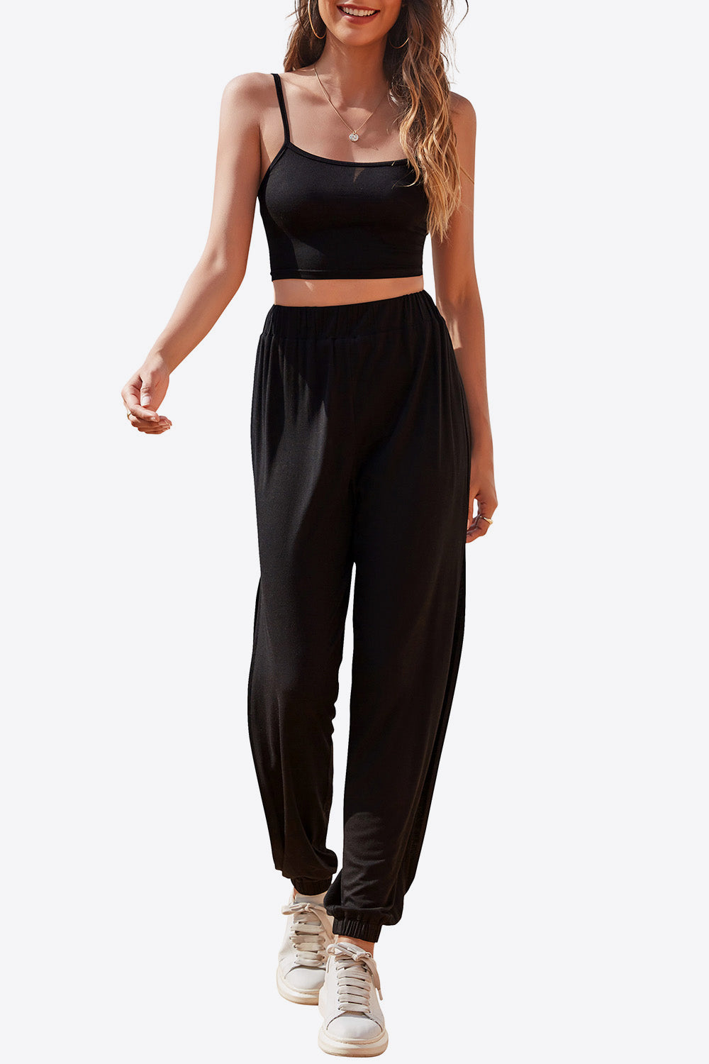 Cropped Cami and Side Split Joggers Set - Black / S