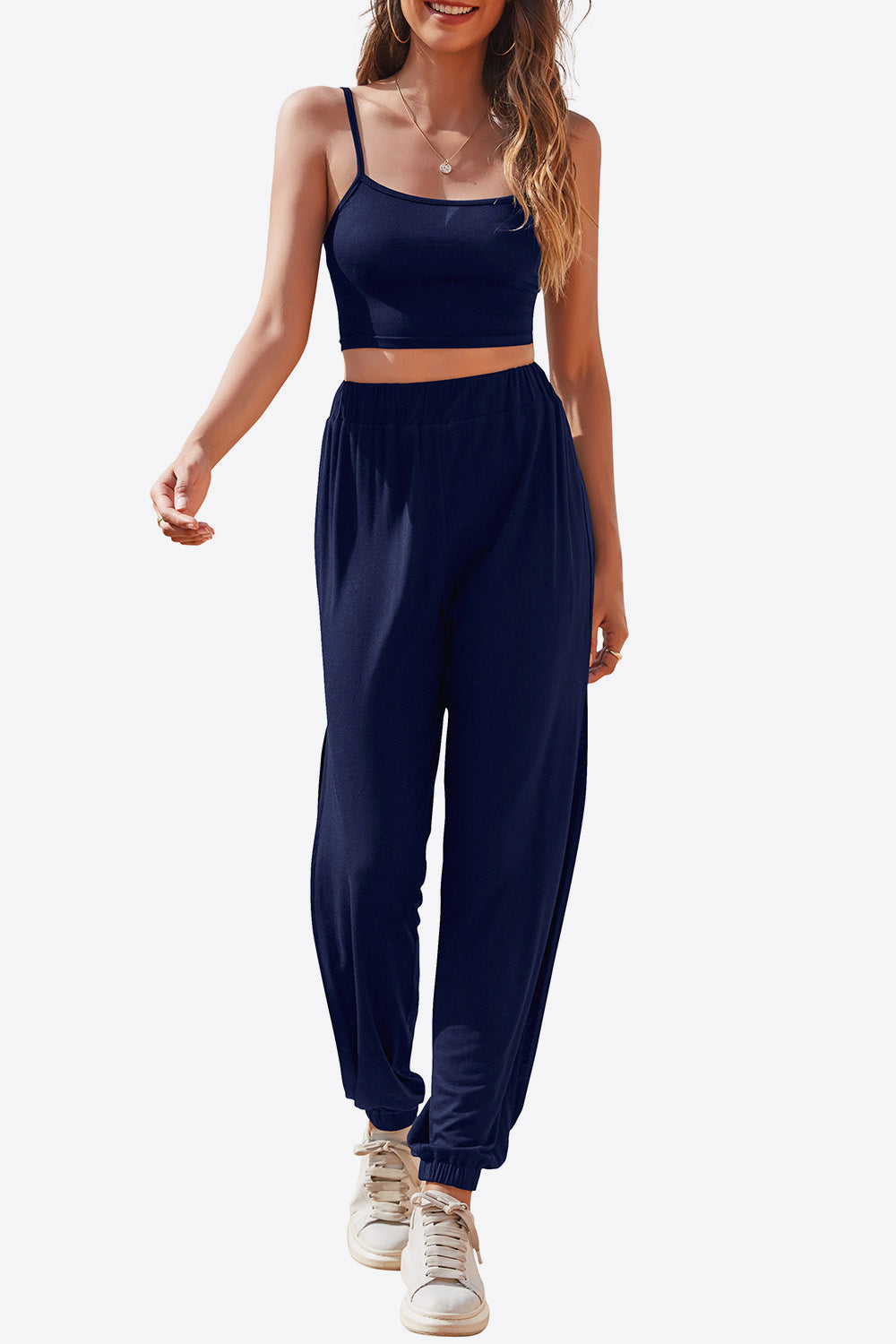 Cropped Cami and Side Split Joggers Set - Dark Blue / S