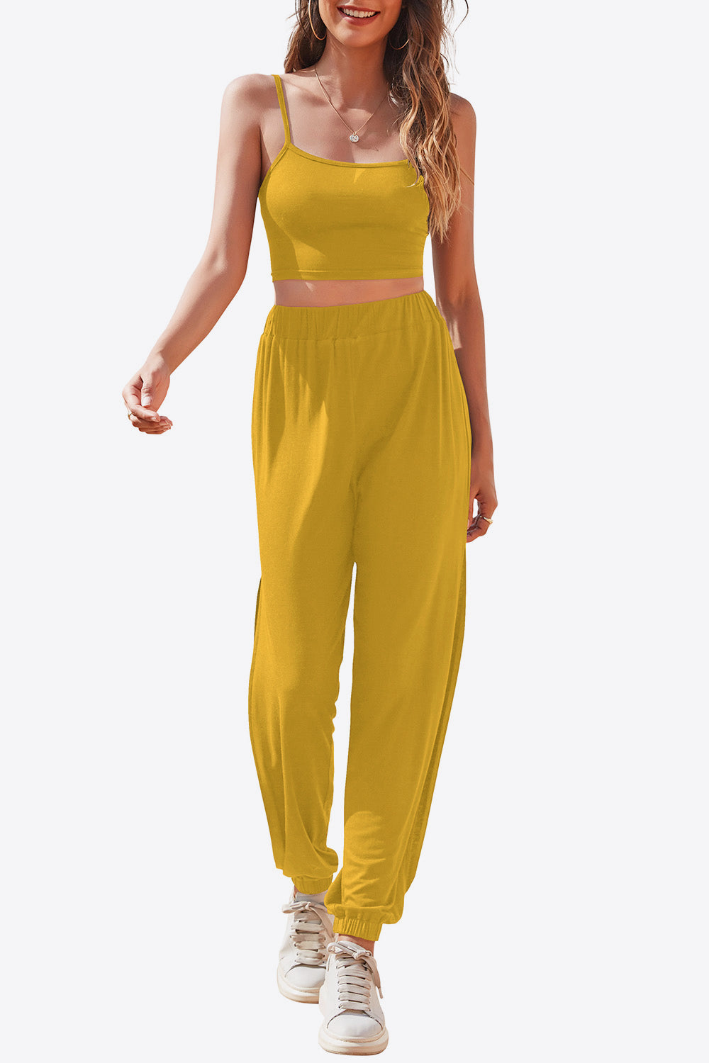 Cropped Cami and Side Split Joggers Set - Yellow / S