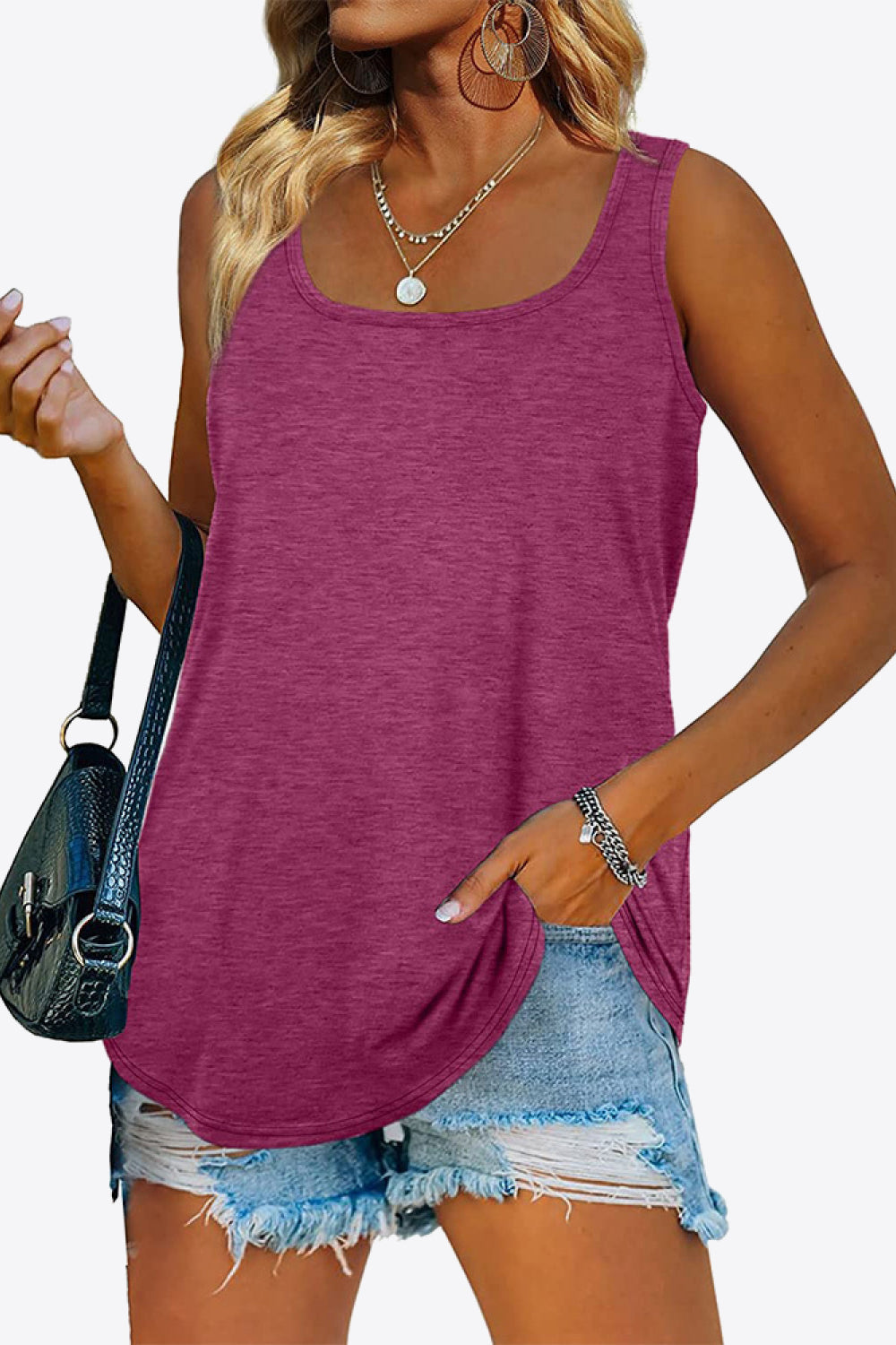 Curved Hem Square Neck Tank - Fuchsia / S