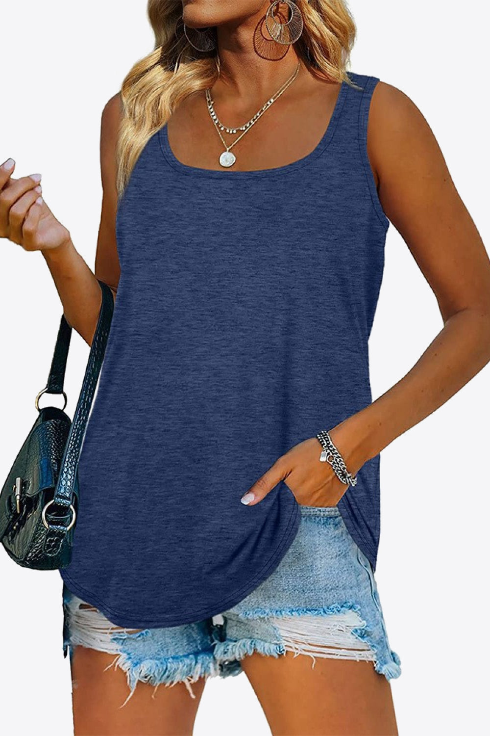 Curved Hem Square Neck Tank - Navy / S