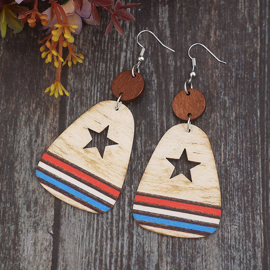 Cutout Star & Stripes Wooden Dangle Earrings - Multicolor