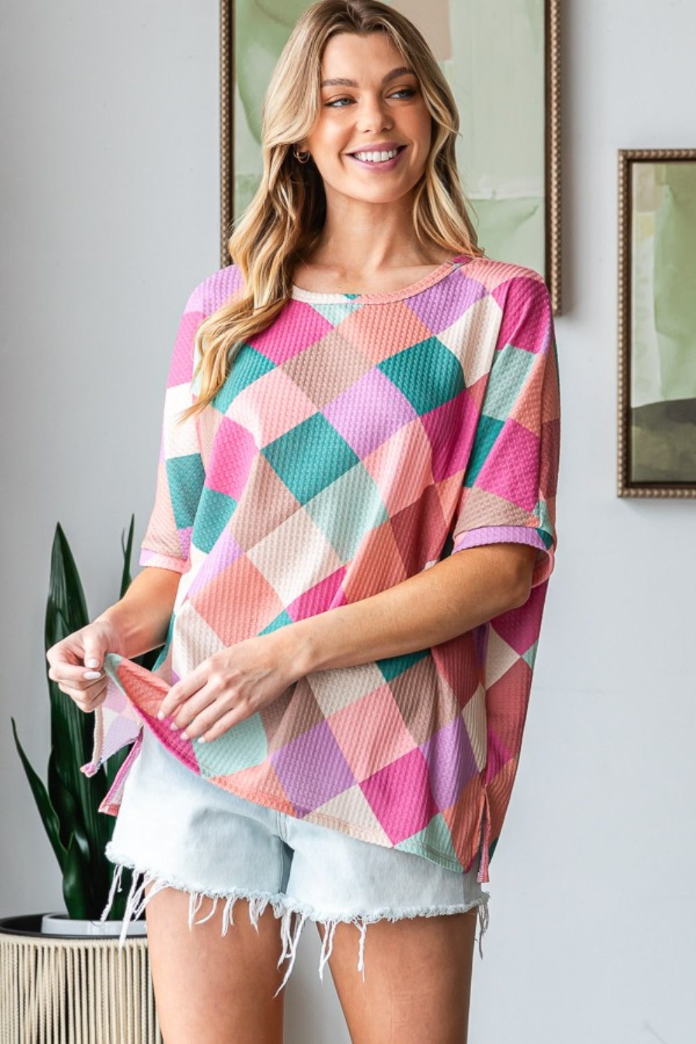 HOPELY Full Size Multi Colored Argyle Side Slit T-Shirt