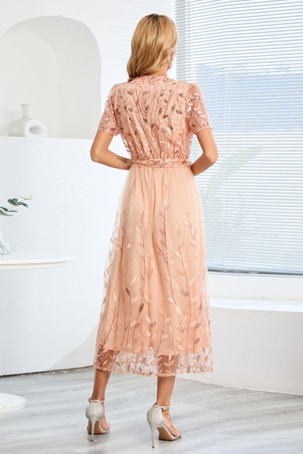 Sequin Leaf Embroidery Tie Front Short Sleeve Dress