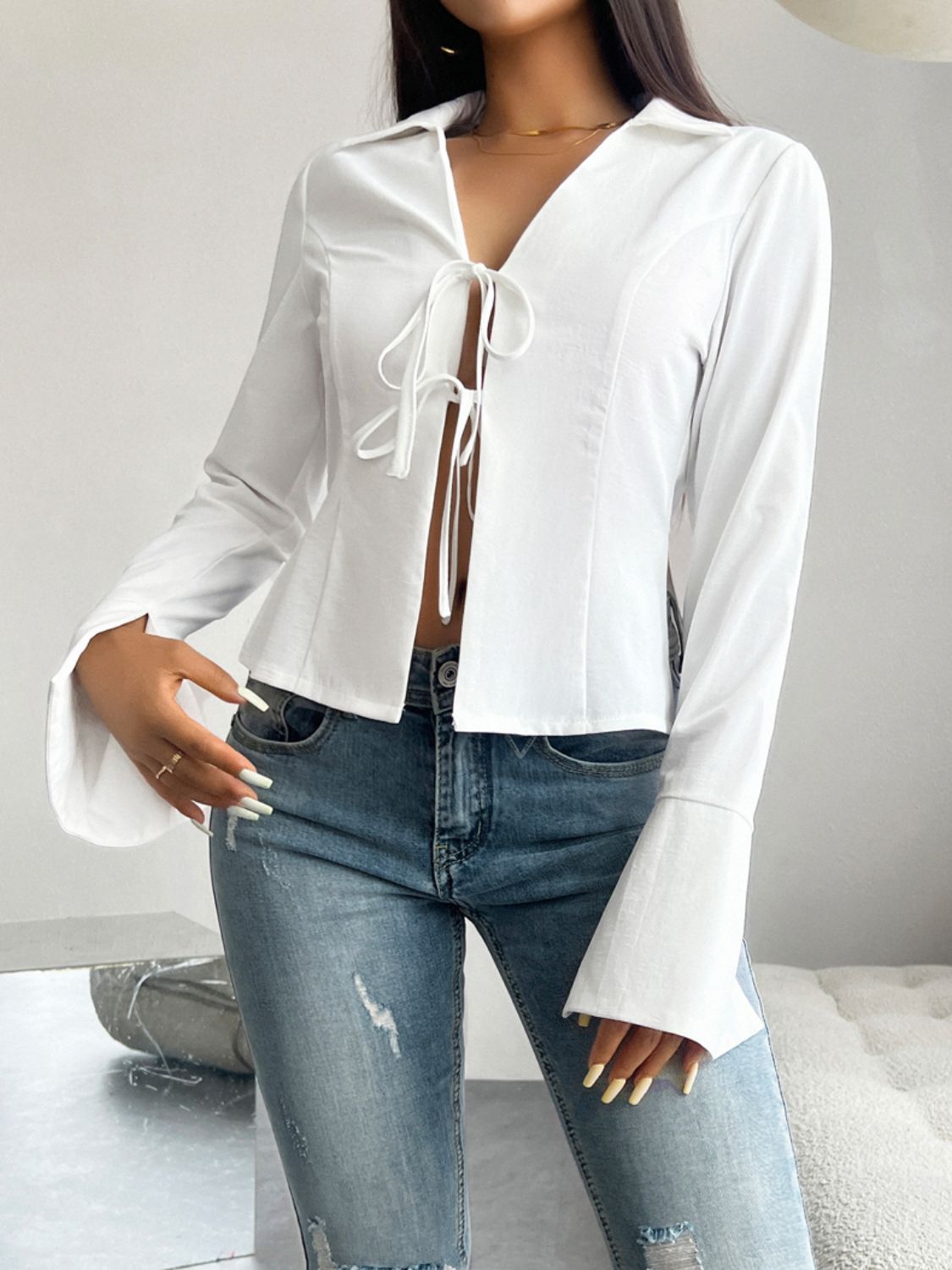 Slit Tied Collared Neck Long Sleeve Blouse