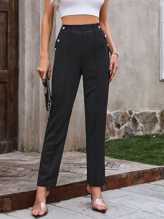 Decorative Button Elastic Waist Pants - Black / S