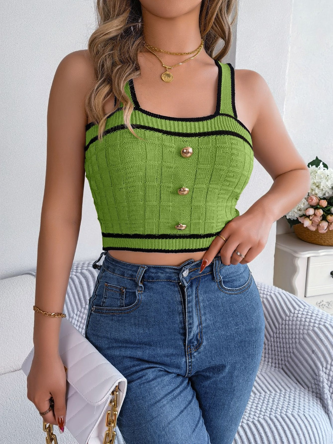 Decorative Button Wide Strap Knit Cami - Green / S