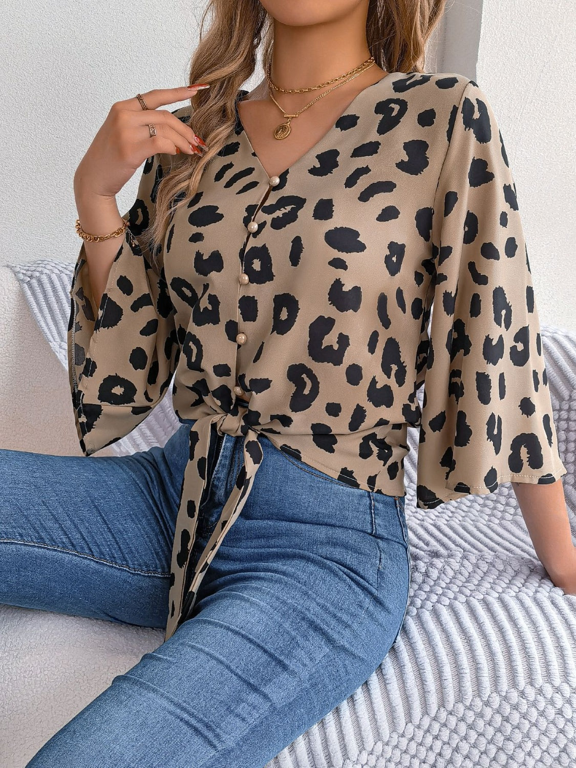 Tied Button Up Leopard V-Neck Blouse